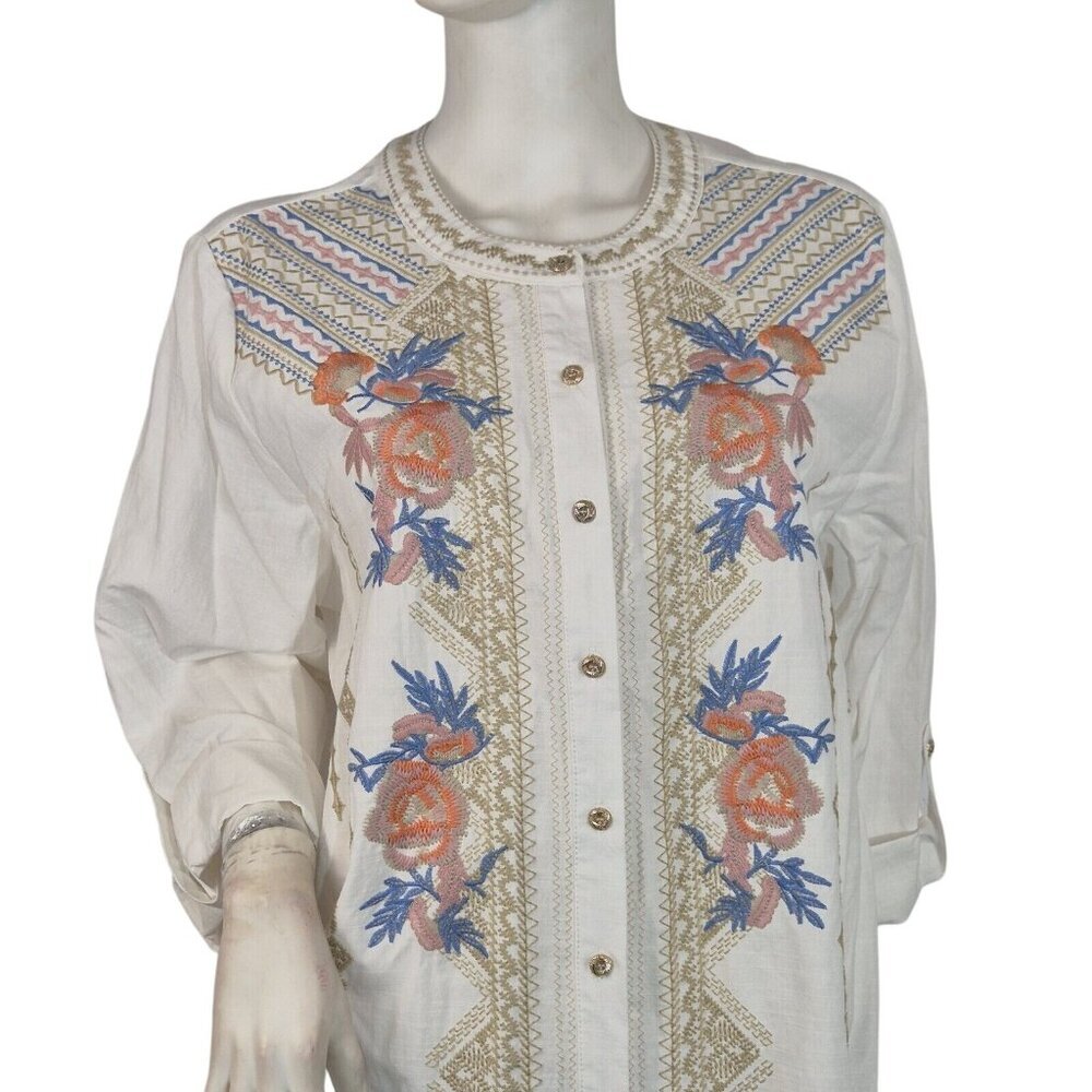 Calessa Women's Size XL White Multi Embroidered Crew Neck 3/4 Tunic (27)
